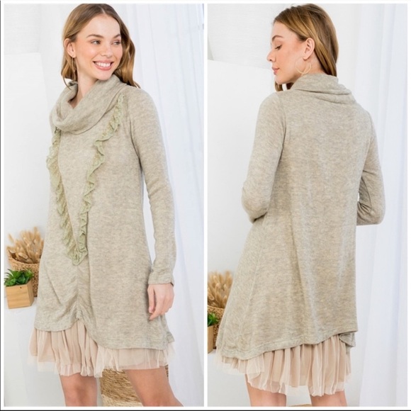 A'Reve Dresses & Skirts - A’reve Wheat Cowl Neck Sweater Mini dress ruffle layer hem lined new